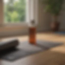 A serene morning scene with a yoga mat and a water bottle