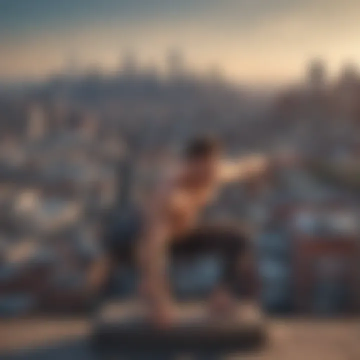 Balance pose overlooking cityscape