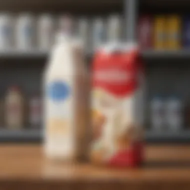 Dairy Delight Stacked high protein low fat milk cartons in a pantry