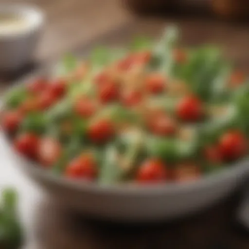 A vibrant salad bowl filled with fresh greens, cherry tomatoes, and chickpeas.