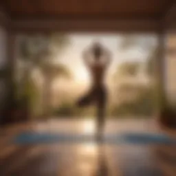Tranquil morning yoga setting with sunrise