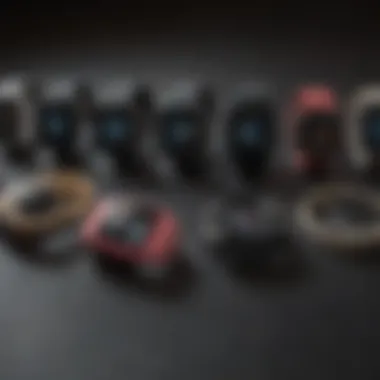 An array of different wearable calorie trackers on a sleek surface