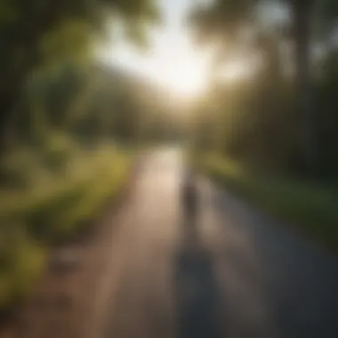 A serene landscape with a winding road for biking