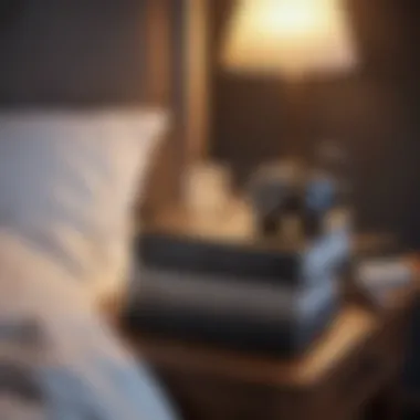 A variety of audiobook titles displayed on a bedside table.