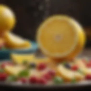 Lemon juice being drizzled over a colorful fruit salad