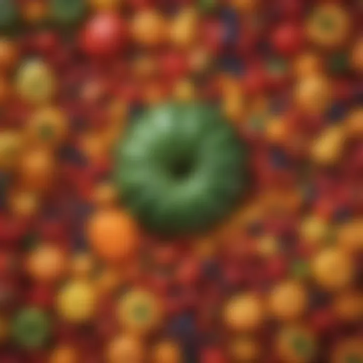 Healthy and colorful assortment of fruits and vegetables forming a six-pack shape