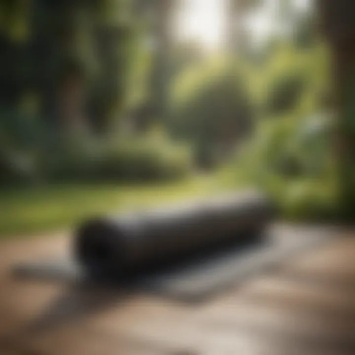 A yoga mat laid out in a tranquil garden setting, inviting mindfulness.