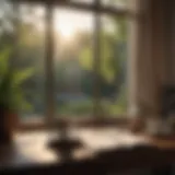 A serene morning scene with sunlight filtering through a window, highlighting a notebook and a cup of coffee.