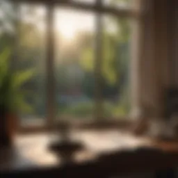 A serene morning scene with sunlight filtering through a window, highlighting a notebook and a cup of coffee.
