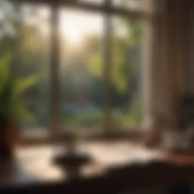 Morning Serenity: Setting the Tone for the Day A serene morning scene with sunlight filtering through a window, highlighting a notebook and a cup of coffee.