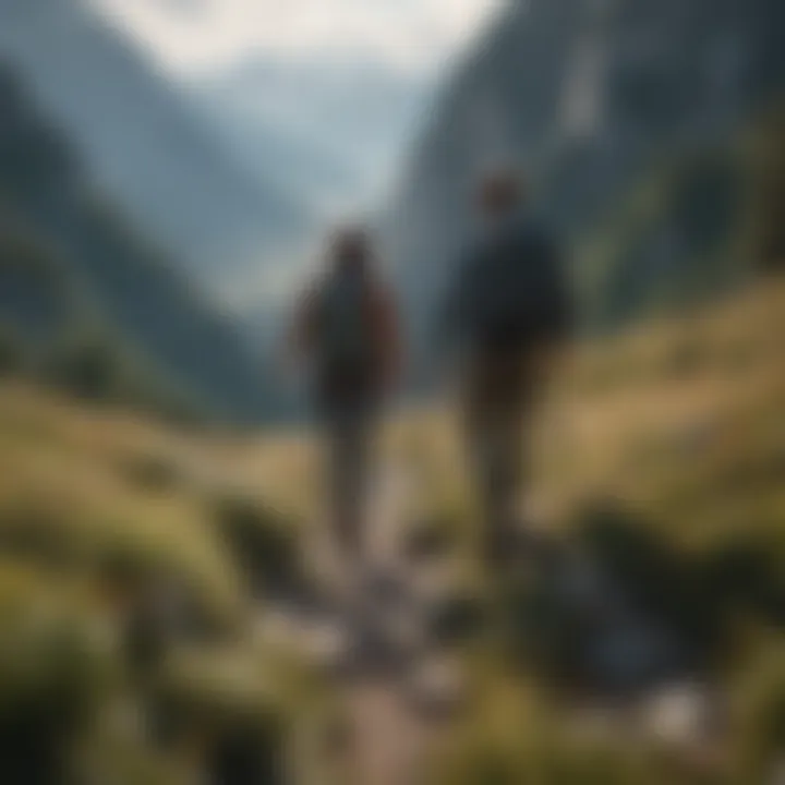 Couple hiking in scenic mountains