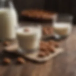 Almond milk in glass on rustic table