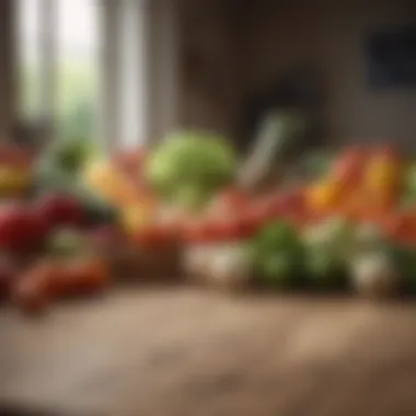 A vibrant array of fresh vegetables and fruits arranged on a wooden table.