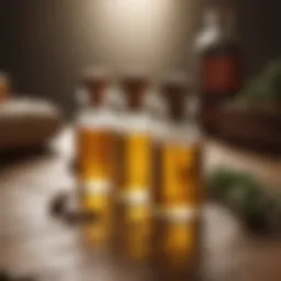 A close-up of natural oils arranged on a wooden surface