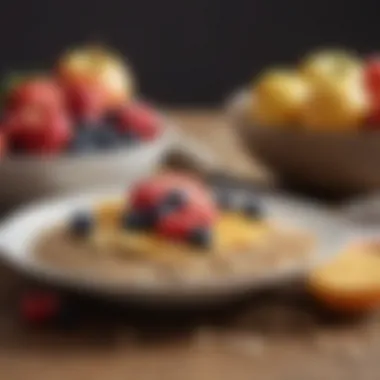 Close-up of a balanced breakfast with oats and fruits.