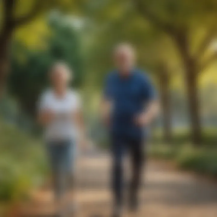 Senior couple enjoying a brisk walk in a beautiful park