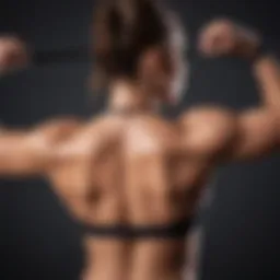 Demonstration of an upper back exercise involving resistance bands