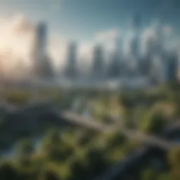 A futuristic city skyline dominated by advanced technology and green spaces.