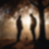 Silhouette of two figures standing under a tree