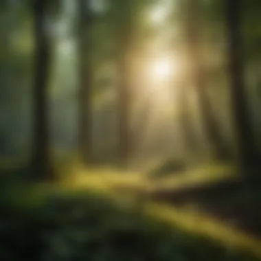 Enchanting Sunlit Forest Embracing Growth Lush green forest with sunbeams penetrating the canopy