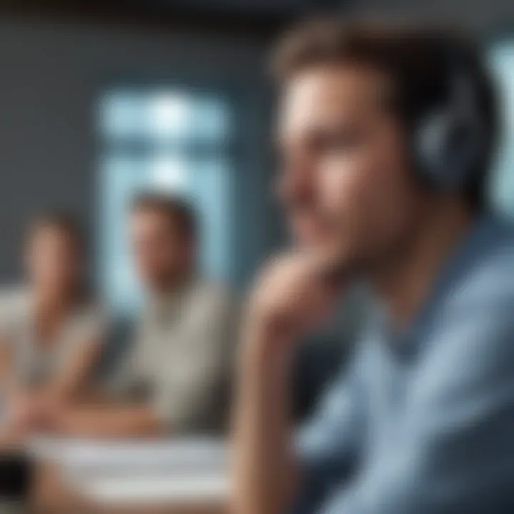 A close-up of a person actively listening during a meeting.