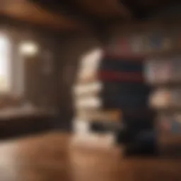 A stack of influential finance books on a wooden desk