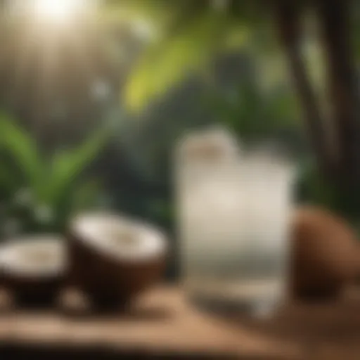 Coconut water in a glass with fresh coconuts