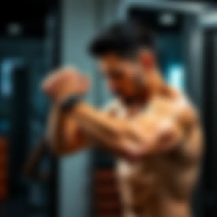 Demonstrating a tricep dip exercise with proper form and technique