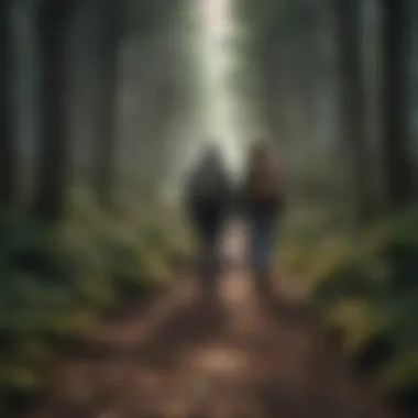 A couple navigating through a forest trail hand in hand