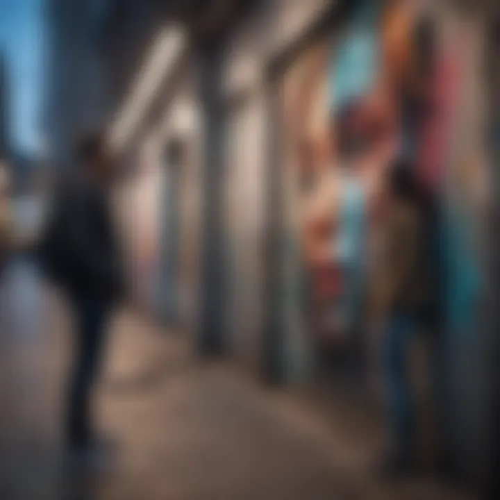 A couple admiring vibrant street art in a bustling city