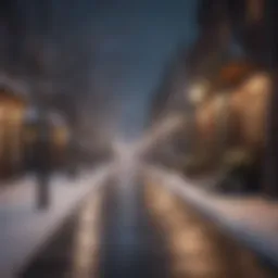 A picturesque snowy street adorned with twinkling lights during Christmas time.