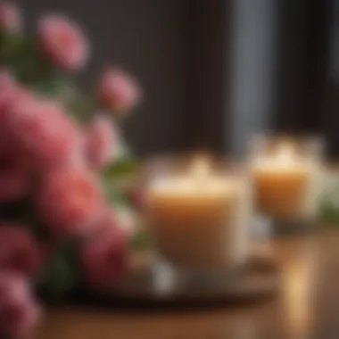 Close-up of a candle with a floral aroma surrounded by fresh flowers