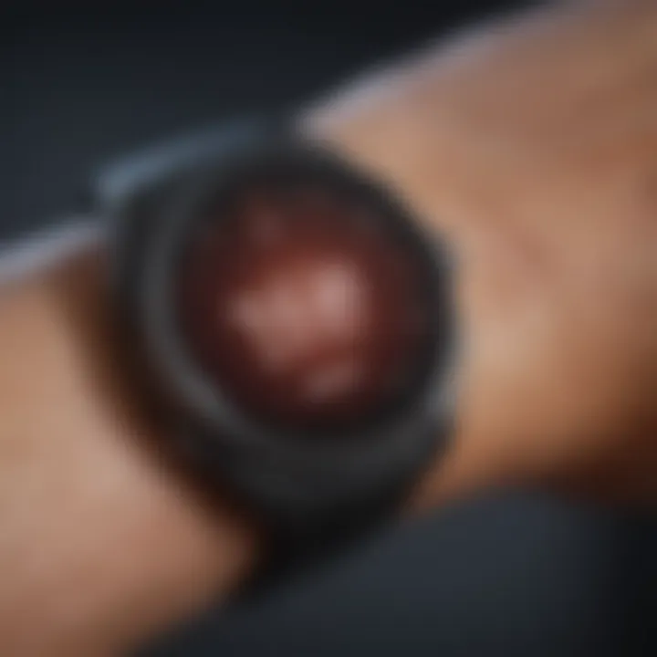 Close-up of a fitness tracker displaying heart rate and calories burned