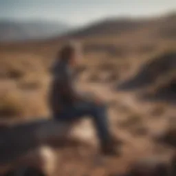 A contemplative figure sitting alone in a desolate landscape