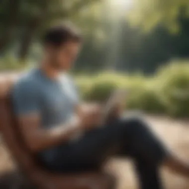 An individual enjoying reading an eBook on a tablet outdoors