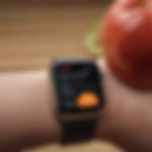 A close-up view of an Apple Watch displaying a food tracking app interface