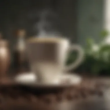 A steaming cup of coffee with a backdrop of green coffee beans