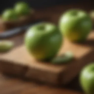 Fresh green apple sliced on a wooden cutting board