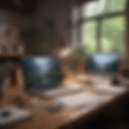 A serene workspace with a journal and laptop