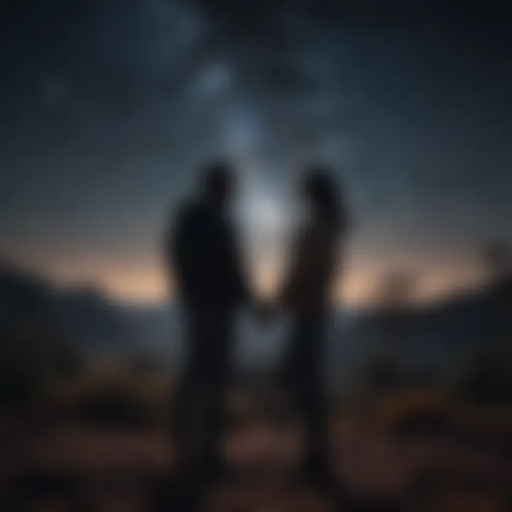 A silhouette of a couple under a starry sky