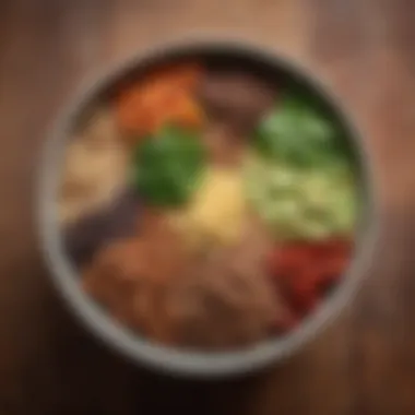 A close-up of a hearty grain bowl featuring quinoa, legumes, and assorted toppings