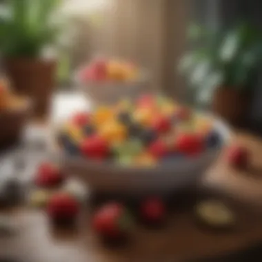 A cozy scene featuring a bowl of fresh fruit on a table.