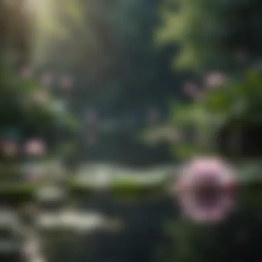 Reflective pond with lotus flowers