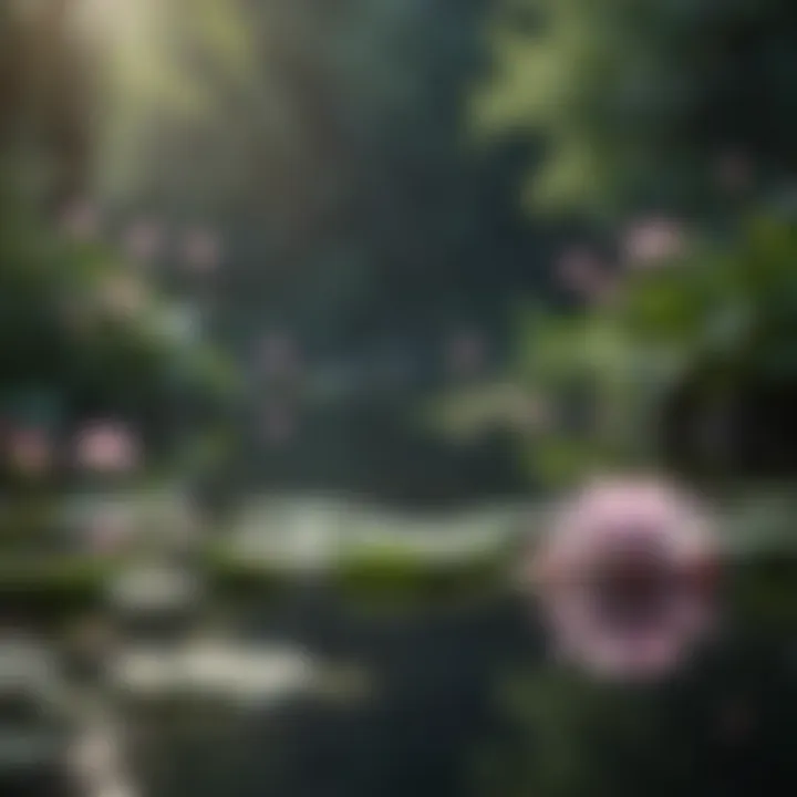 Reflective pond with lotus flowers