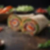 A diverse array of wraps filled with fresh vegetables and proteins