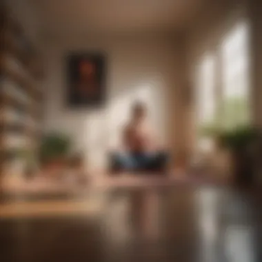 A person meditating in a sunlit room surrounded by self-care books