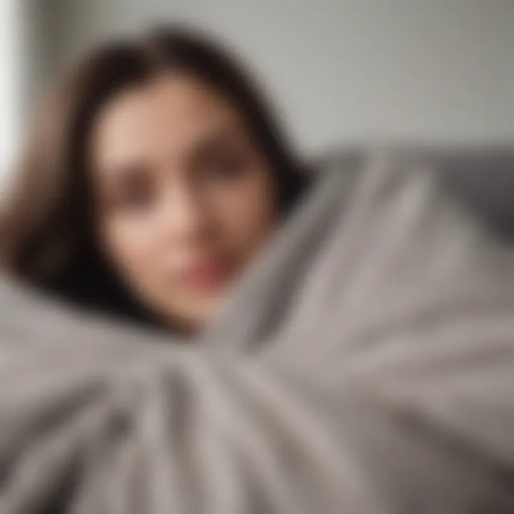 Close-up of a person embracing a weighted blanket, illustrating comfort and relaxation.