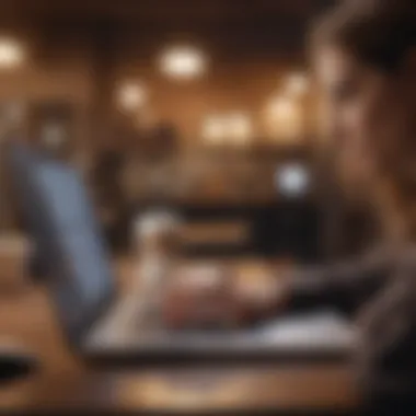 Close-up of a person typing on a laptop with a cup of coffee