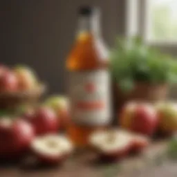 A bottle of apple cider vinegar surrounded by fresh apples and herbs