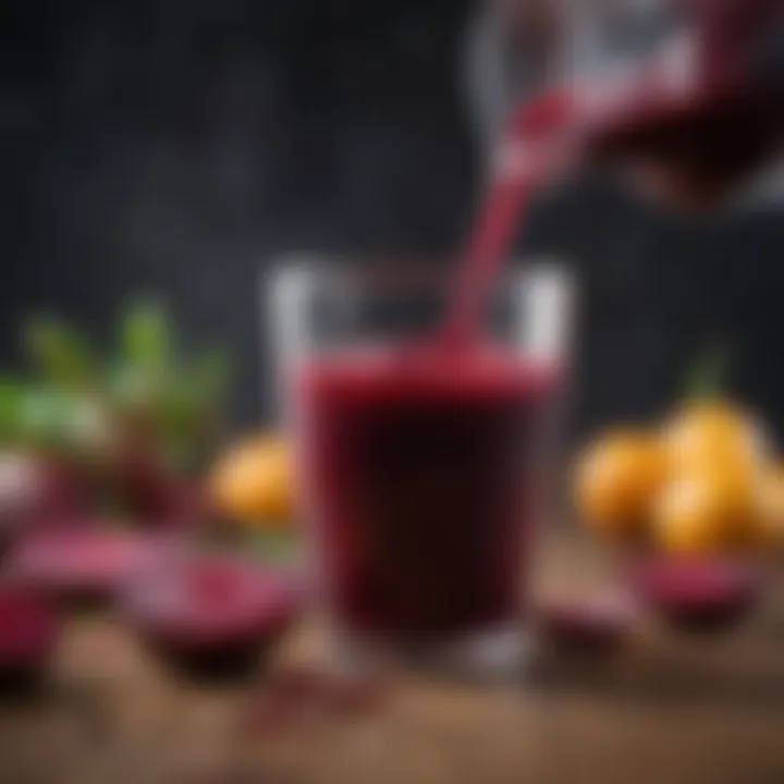 Beet juice being poured into a glass with fresh ingredients nearby